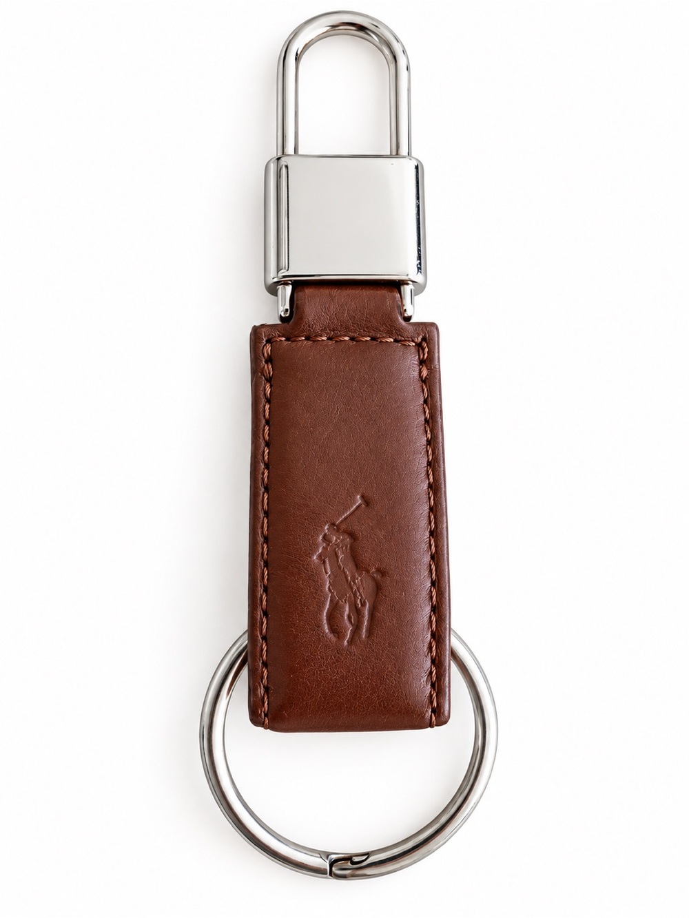 Polo Ralph Lauren Leather Keychain Brown Silver Hardware Key Ring Equestrian